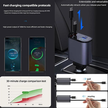 4-in-1 Retractable Car Charger – شاحن سيارة سريع بكابلات قابلة للسحب