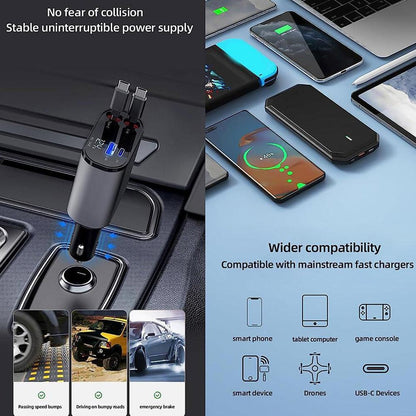 4-in-1 Retractable Car Charger – شاحن سيارة سريع بكابلات قابلة للسحب